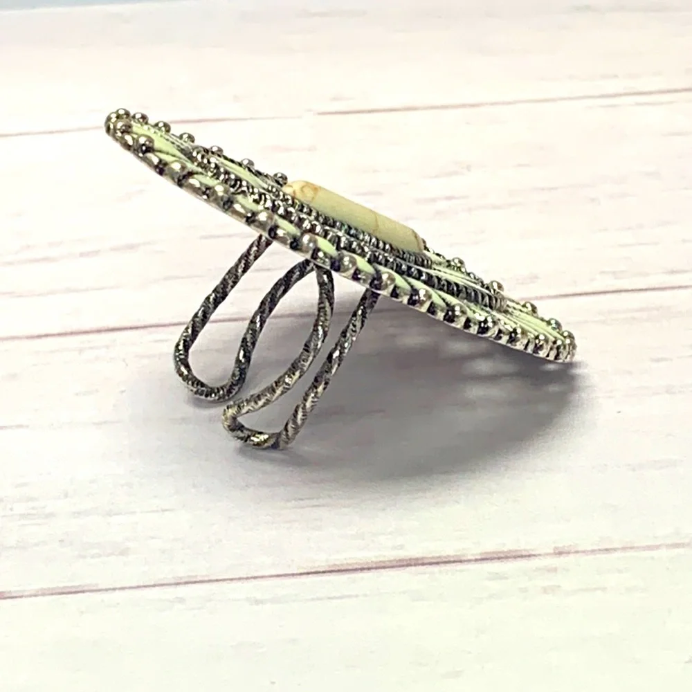 Western Style Needlepoint Concho Cluster Ring with Natural Oval Stone Adjustable - Picture 2 of 4